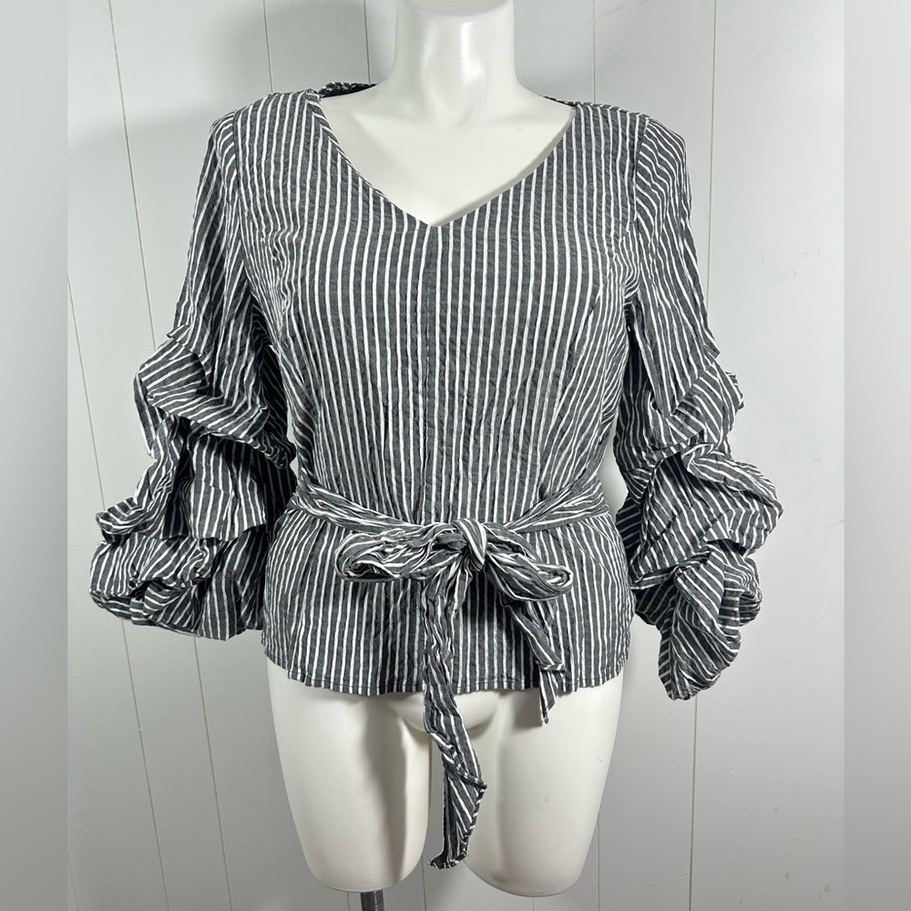 white house black market size 16 Striped Ruched Sleeves Top Shirt Tie Front